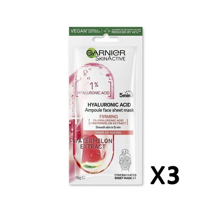 3x Garnier Skin Active Hyaluronic Acid Ampoule Face Sheet Mask Watermelon Extract 15g