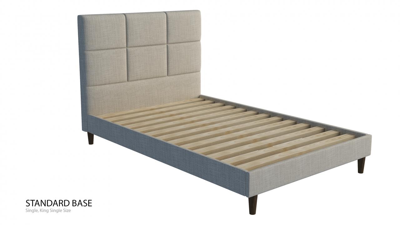 Boxy custom upholstered bed with choice of standard base