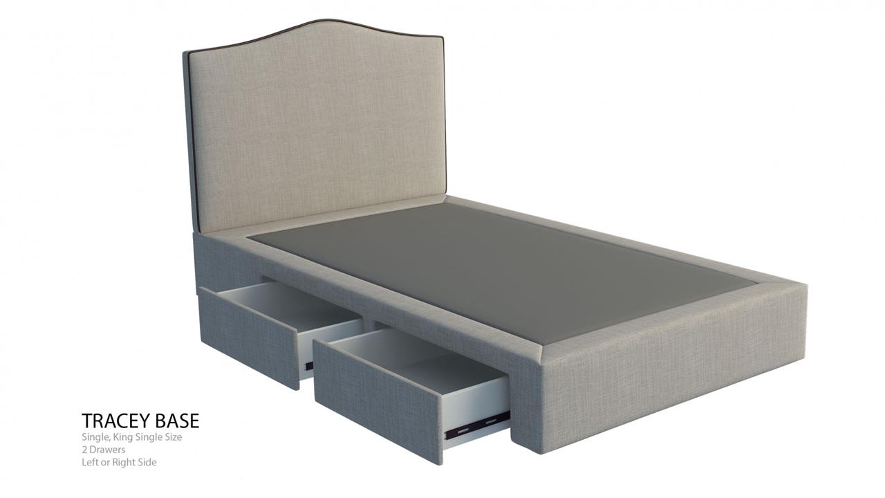 Cronulla custom upholstered bed with choice of storage base