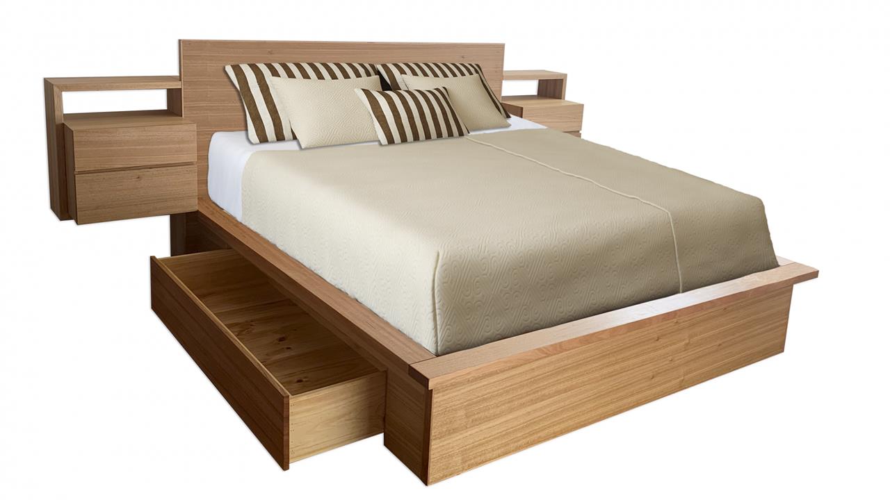 Vegas platform timber custom bed frame with storage drawers