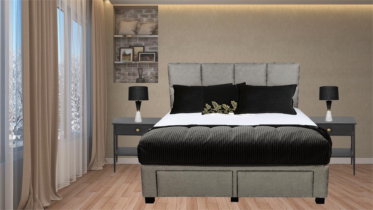 Boxy custom upholstered bed with choice of storage base