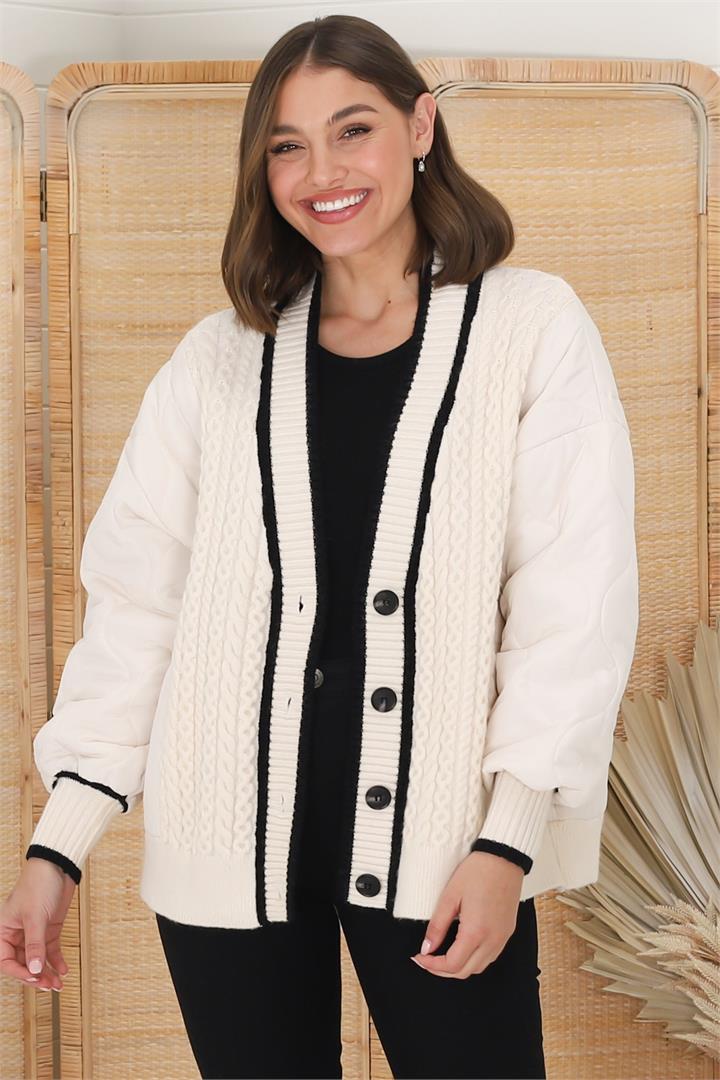 Acer Jacket - Cable Knit Front with Puffer Sleeve Jacket in Beige