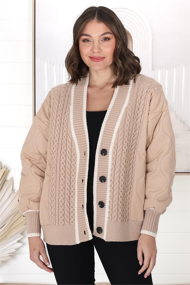 Acer Jacket - Cable Knit Front with Puffer Sleeve Jacket in Fawn