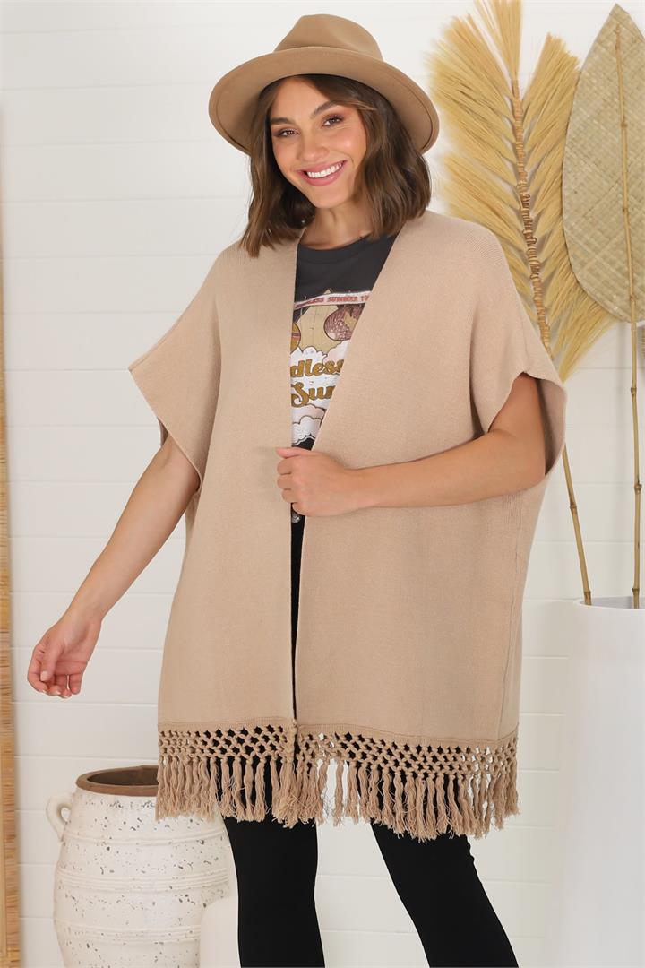 Amore Cardigan - Throw Over Open Knit Poncho with Tassel Hem in Camel