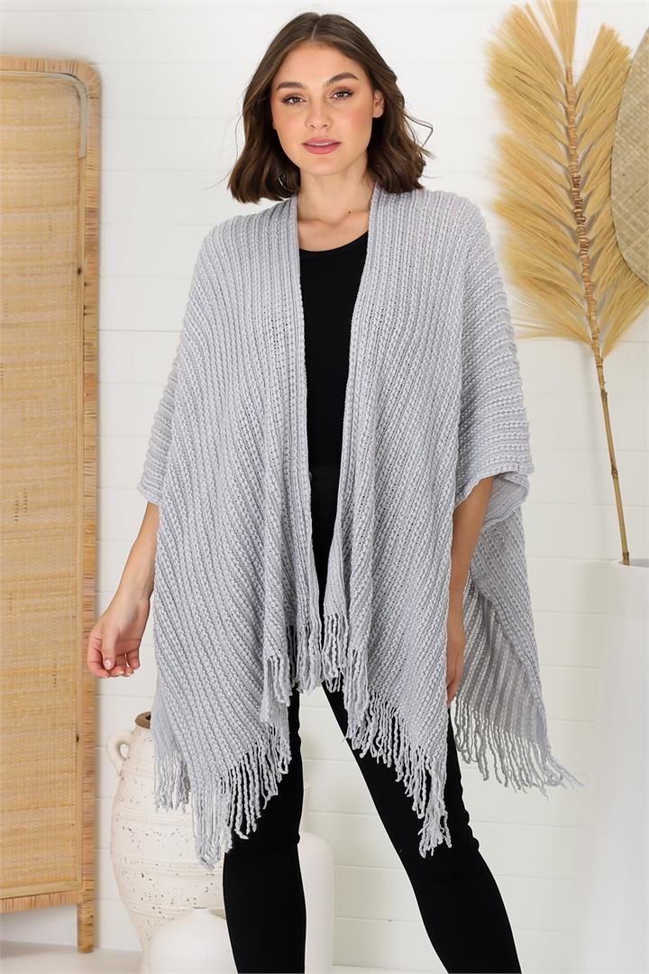 Asari Poncho - Throw Over Plaited Knit Poncho with Tassel Hem in Grey