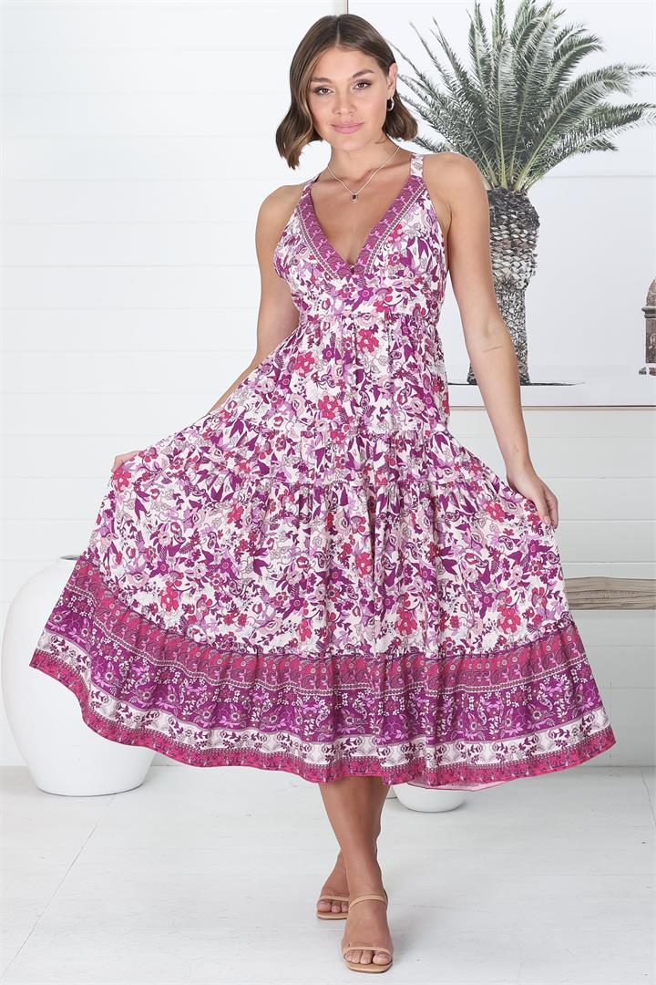 Serina Midi Dress - V Neck Halter Sun Dress in Floral Print