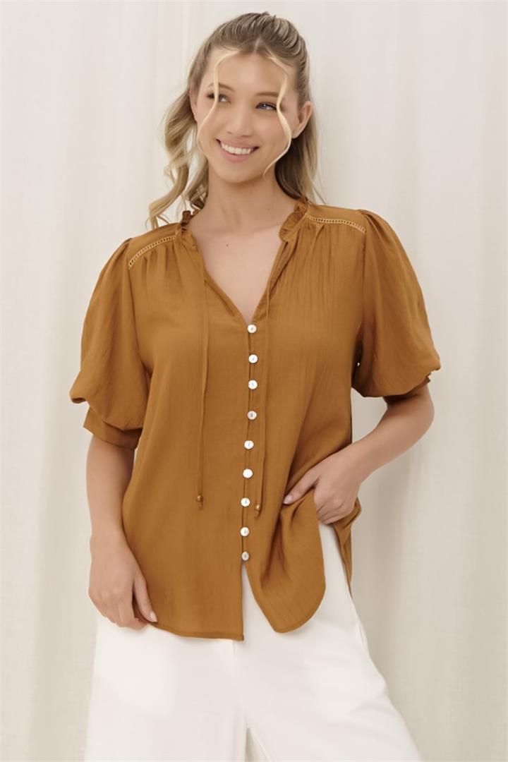 Acacia Blouse - Button Down Short Balloon Sleeve Blouse with Buttoned Cuffs in Tan