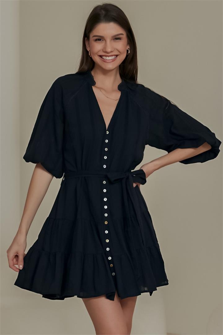 Elsea Mini Dress - Mandarin Collar Button Down Dress with Matching Waist Tie in Black