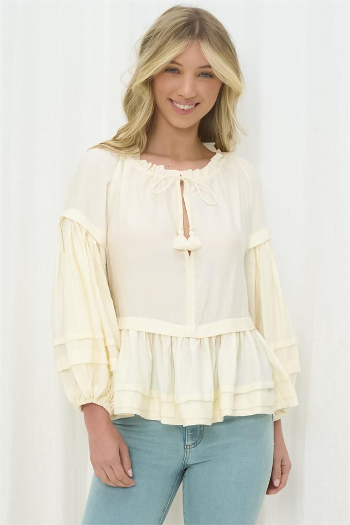 Miya Blouse - Frill Collar Tiered Detailed Top in Cream