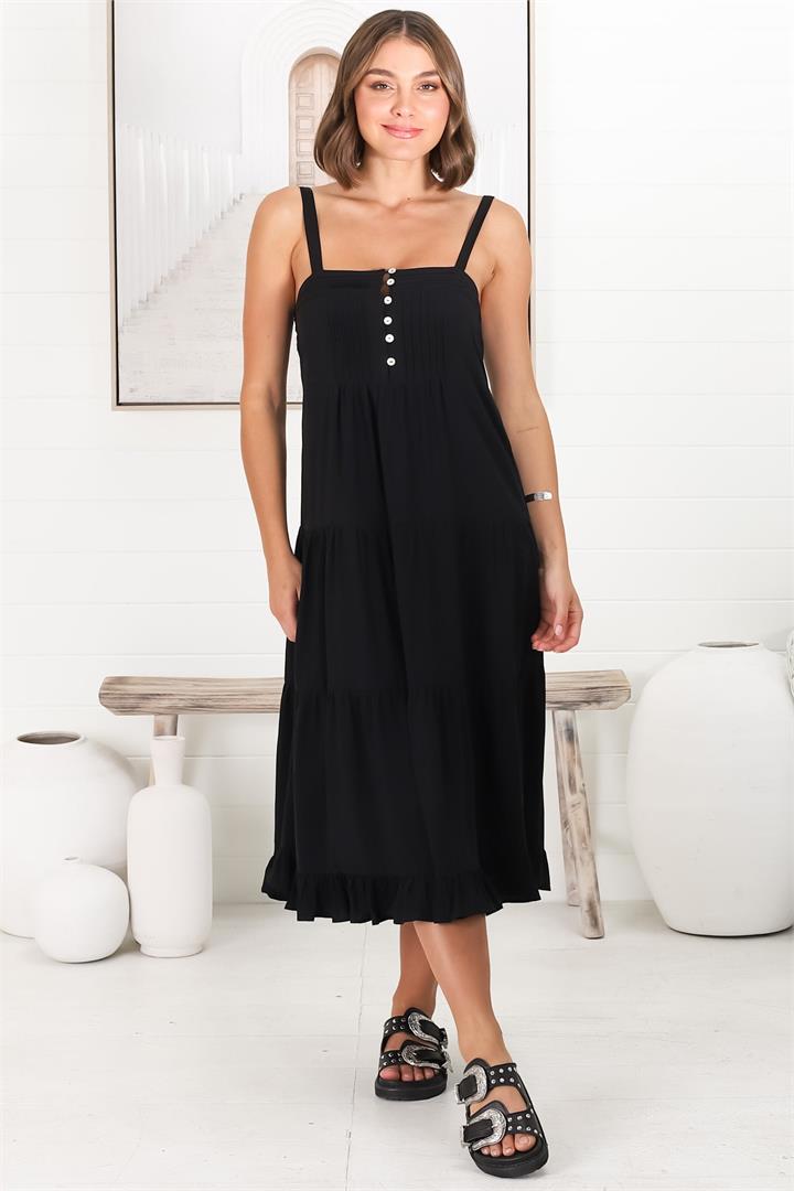 Ayala Midi Dress - Square Neckline Tiered Sun Dress in Black
