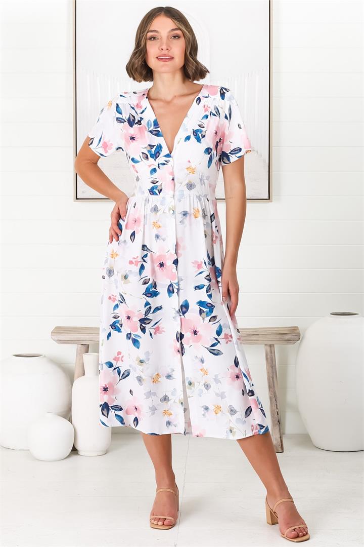 Anais Midi Dress - Cap Flutter Sleeve Button Down A Line Dress in Teagan Print