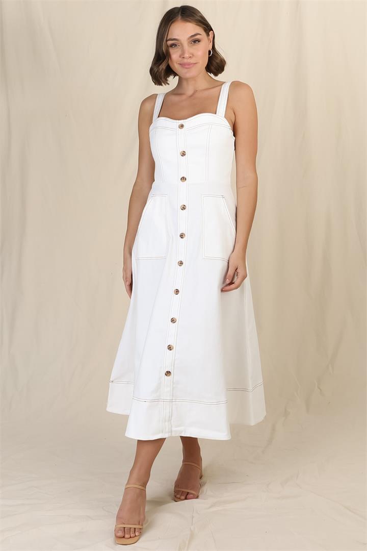 Silvia Denim Midi Dress - Sweetheart Neckline Adjustable Strap A Line Denim Dress in White