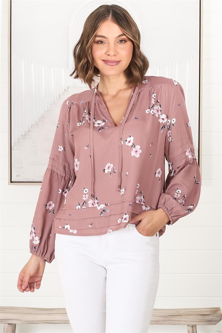 Albany Top - Pleating Details Pull Over Top With Long Balloon Sleeves In Maron Print Rose
