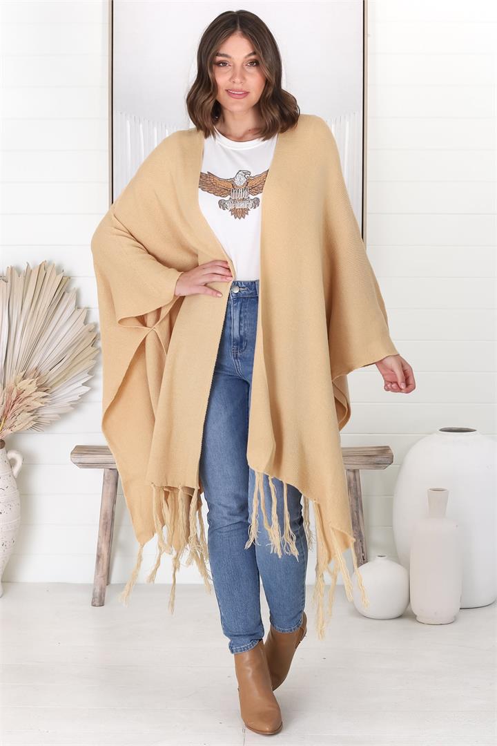 Kamdyn Poncho - Slouch Shoulder Throw Over Poncho in Camel
