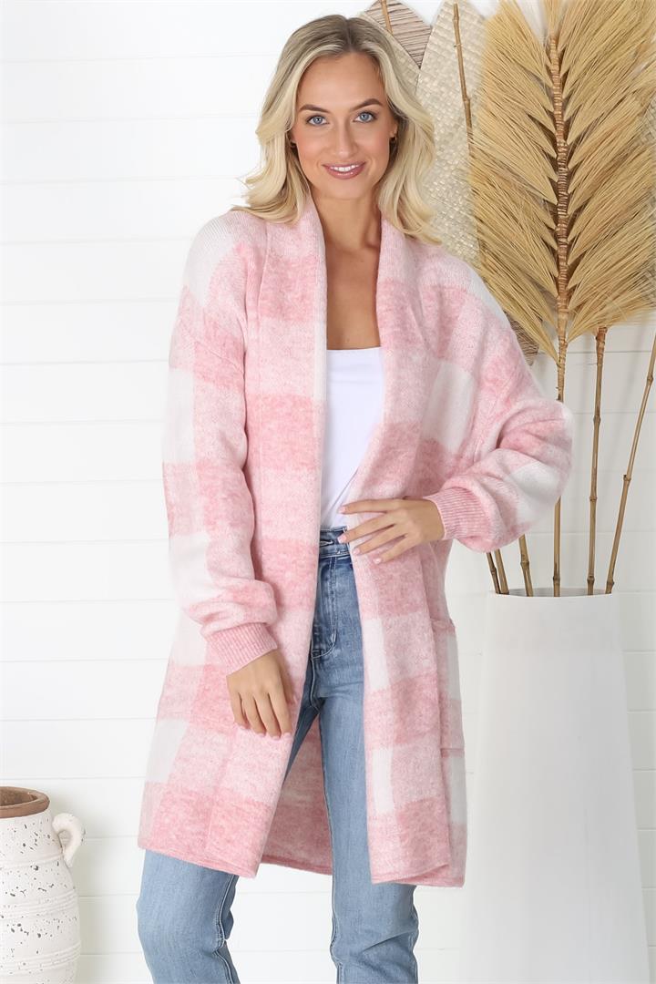 Adelen Cardigan - Folded Center Front Checkered Cardigan in Soft Pink