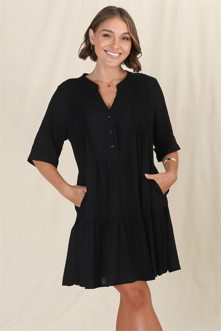 Ayva Mini Dress - 3/4 Sleeve Tiered Smock Dress in Black