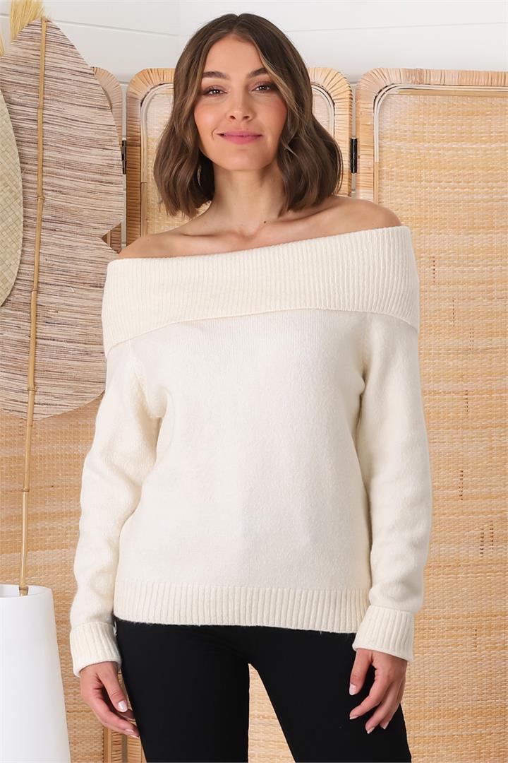 Angie Knit Jumper - Folded Off Shoulder Neckline Jumper in Cream