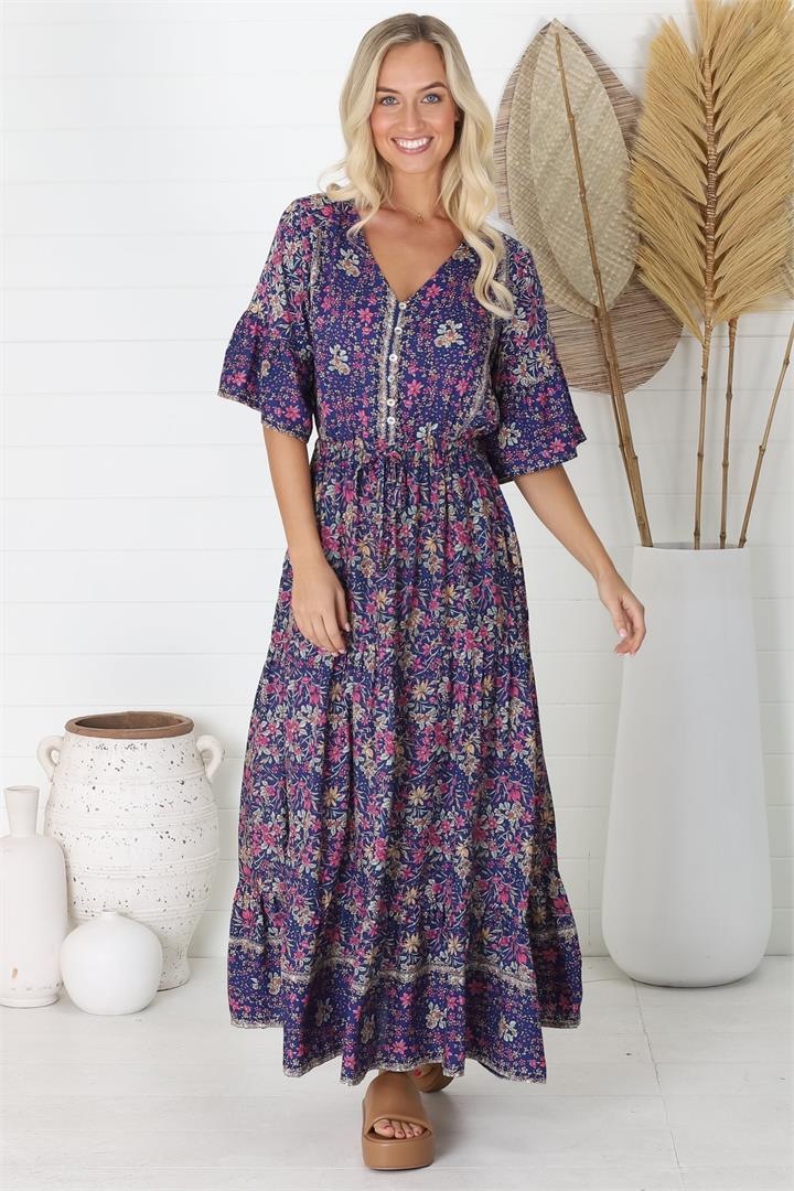 Abigail Maxi Dress - Buttoned Bodice V Neck A Line Dress with Flute Sleeves in Iris Print Navy