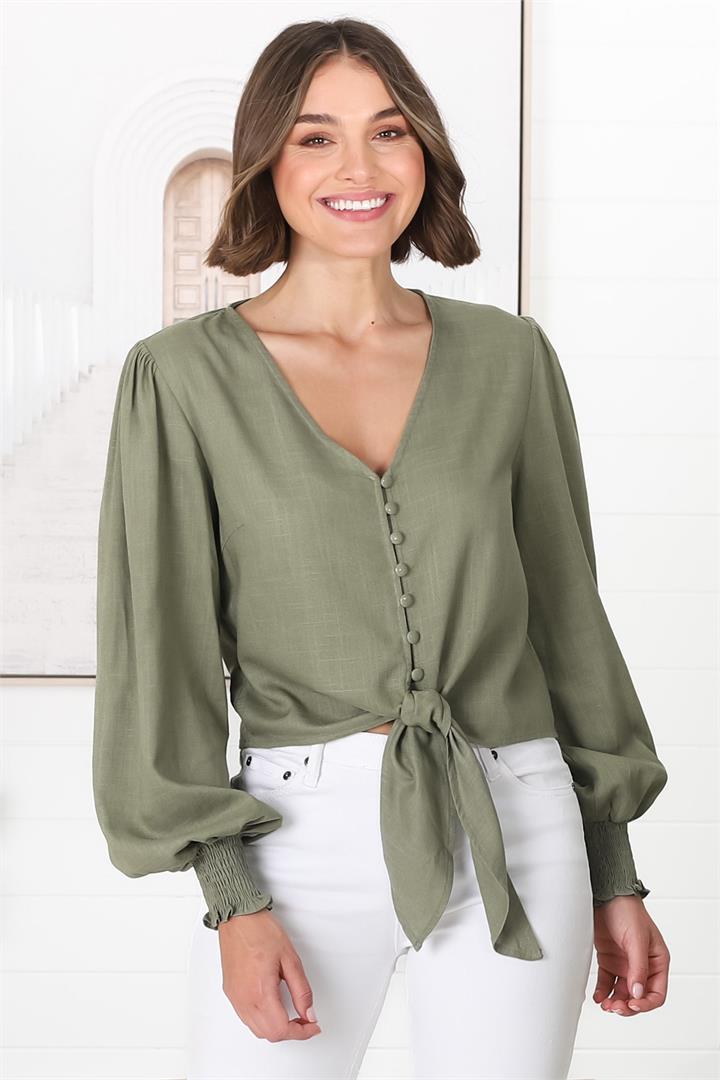 Amber Top - Button Down with Tie Detail Top in Green