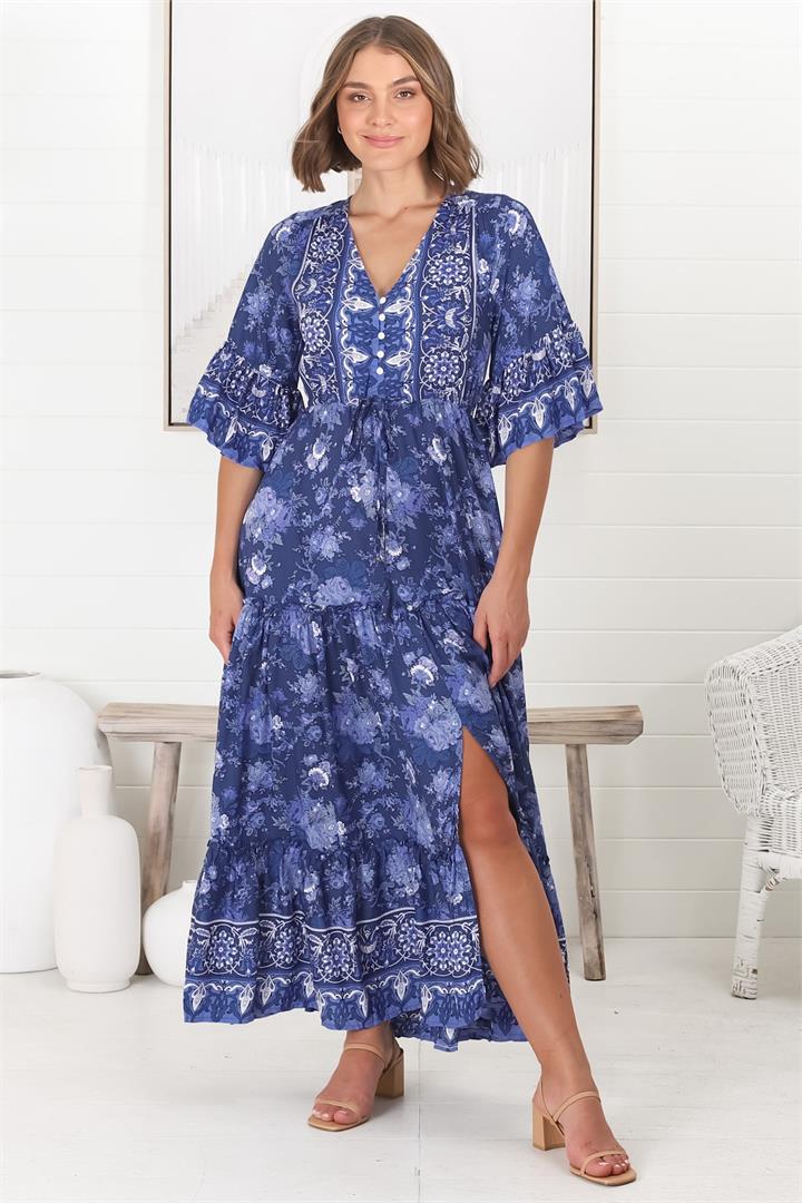 Sky Maxi Dress - A Line Dress with Front Split and Flute Sleeves in Janger Print