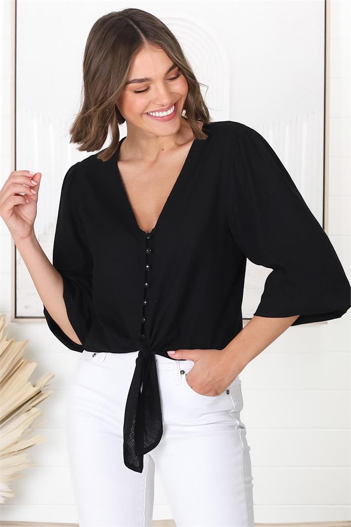 Amber Top - Button Down with Tie Detail Top in Black