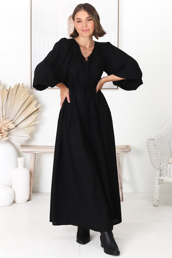 Salma Maxi Dress - Linen Blend Long Sleeve Maxi Dress in Black