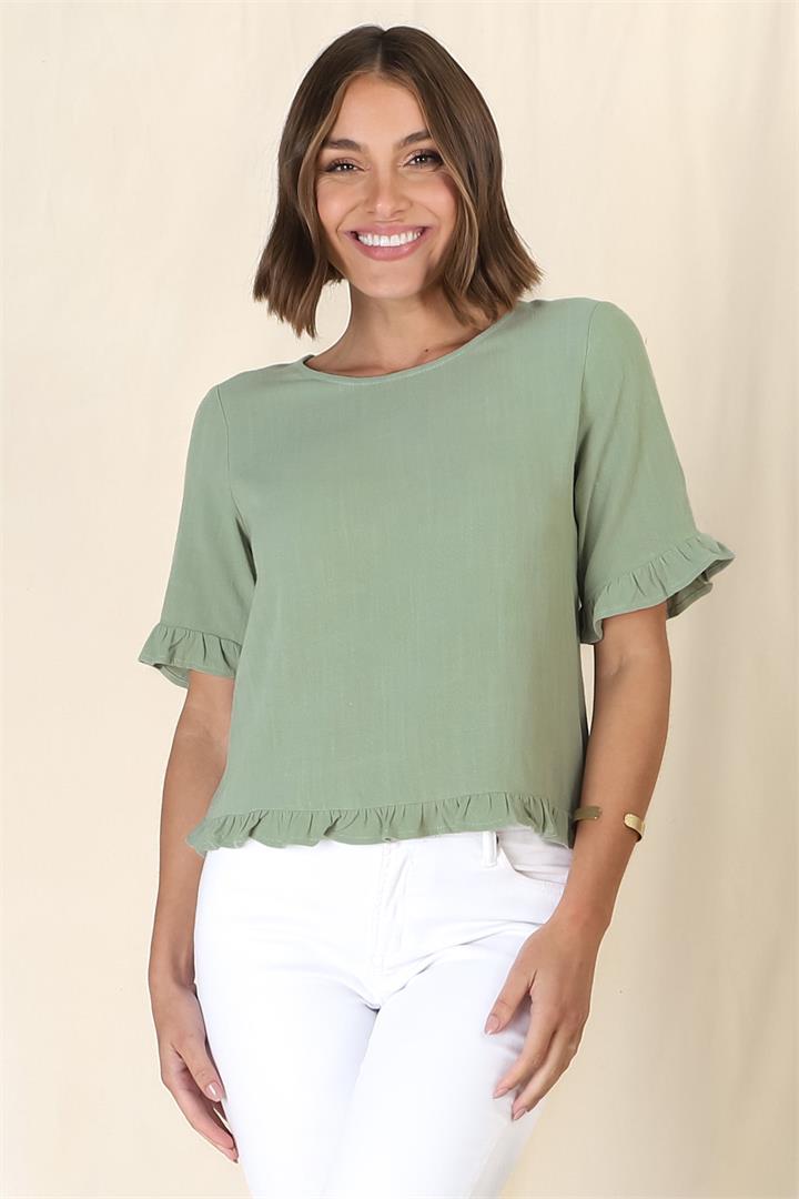 Adria Top - Frill High-Low Hem with Wooden Button Down Back Top in Sage