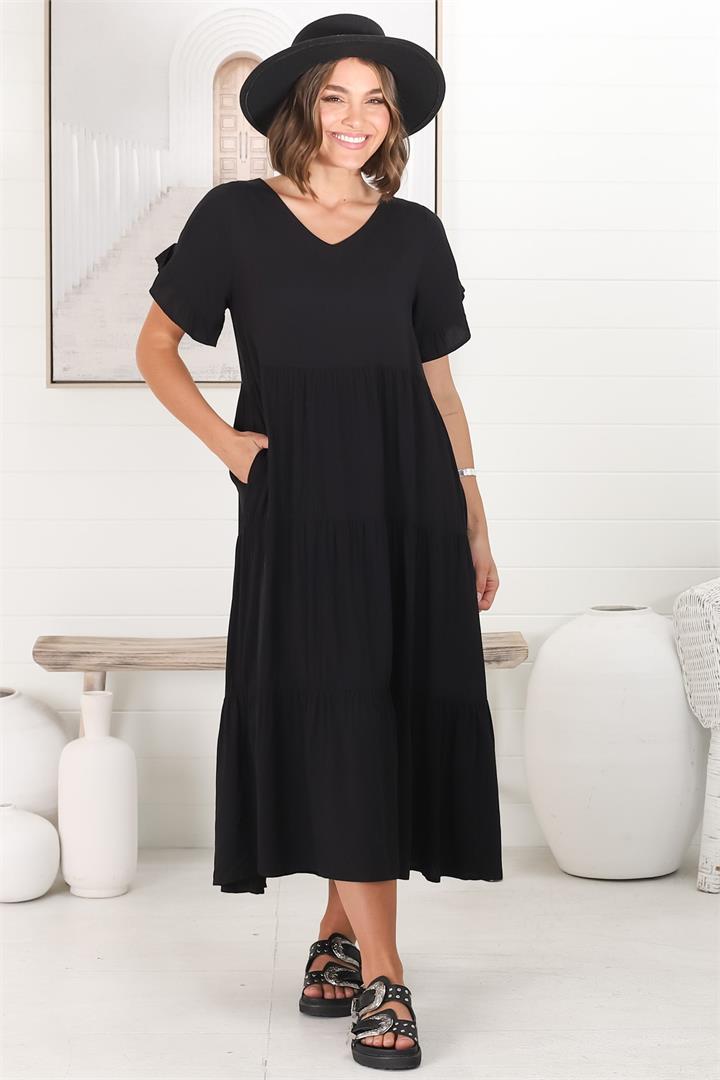 Ame Midi Dress - V Neck Frill Sleeve Tiered Dress in Black