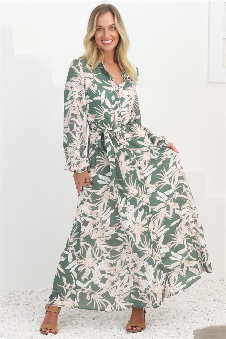 Tarni Maxi Dress - A Line Dress with Waist Tie in Hanny Green