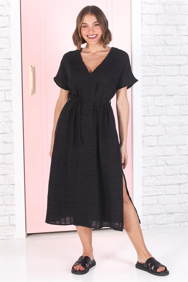 Tanera Midi Dress - Pull Over Tunic Dress with Waist Tie in Black