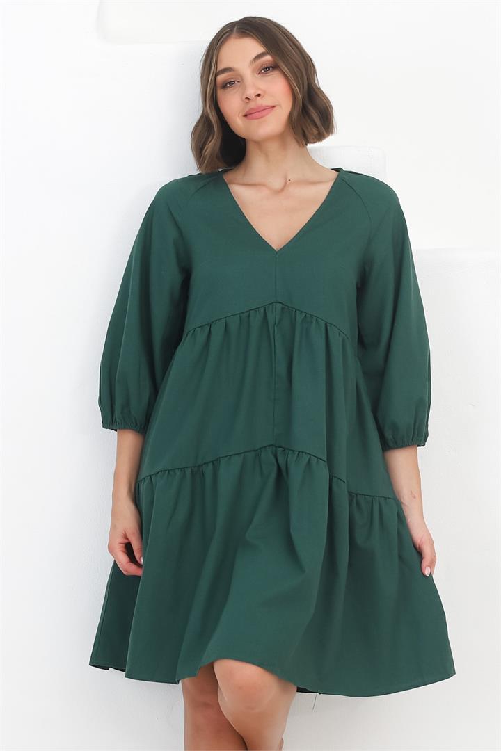 Astara Mini Dress - V Neck Tiered Smock Dress in Green