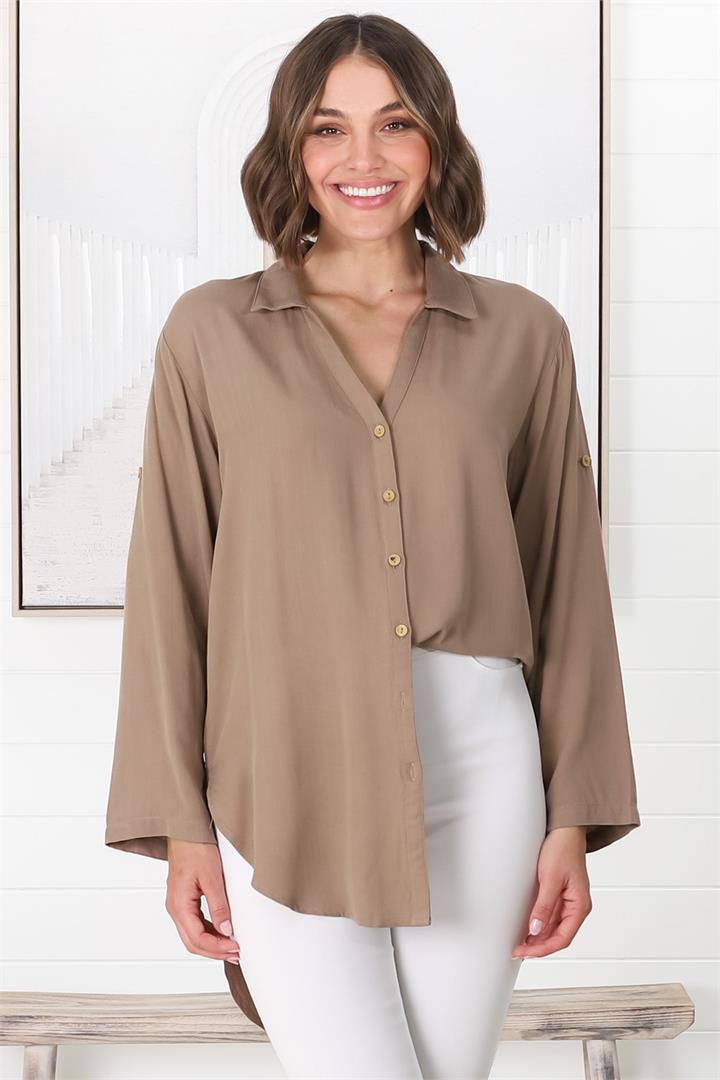 Tammy Shirt - Relaxed Button Down Shirt in Beige