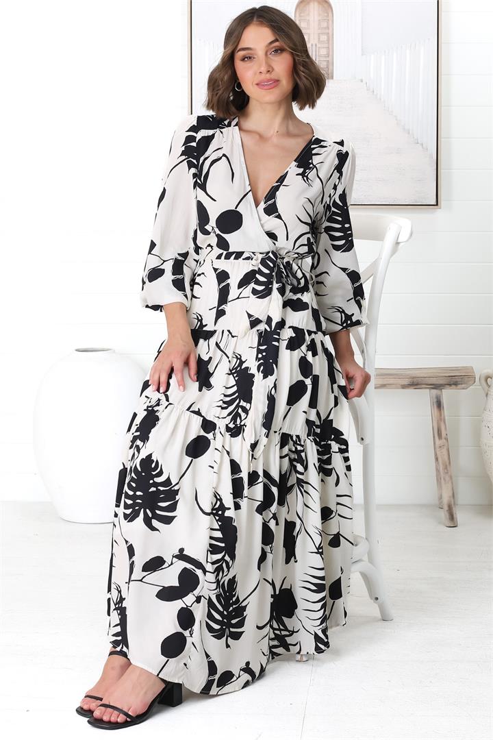Marilou Maxi Dress - Cross Bodice A Line Dress with Belt in Laya Print