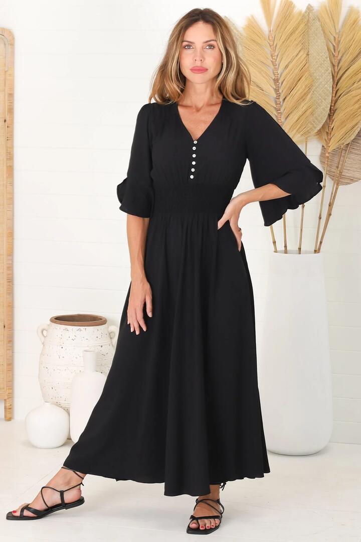 Alba Maxi Dress - Buttoned Bodie A Line Dress With Flute Sleeves In Black
