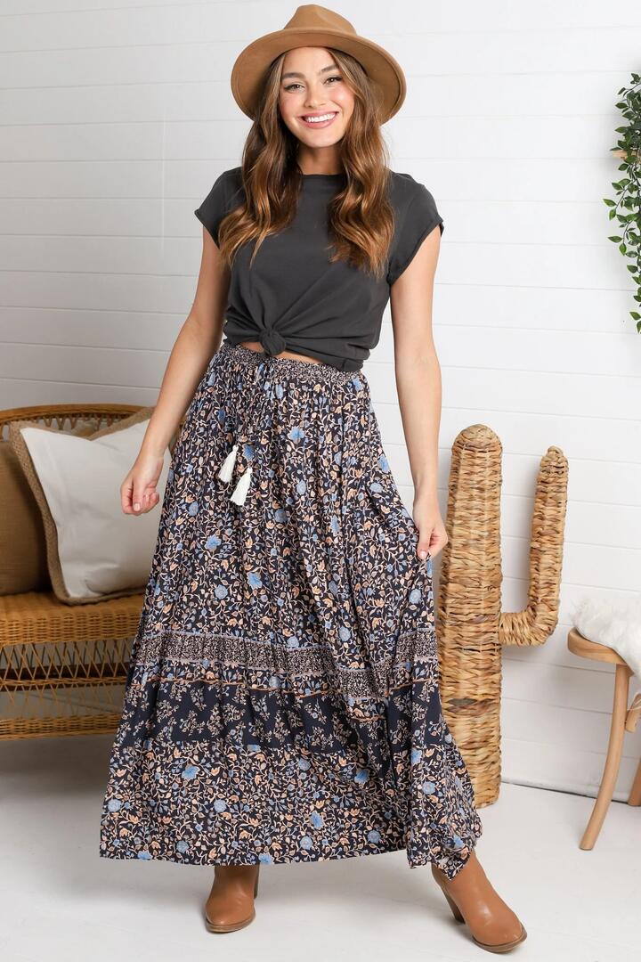 Delany Maxi Skirt - High Waisted Skirt with Tassel Waist Tie and Front Splits in Floral Print