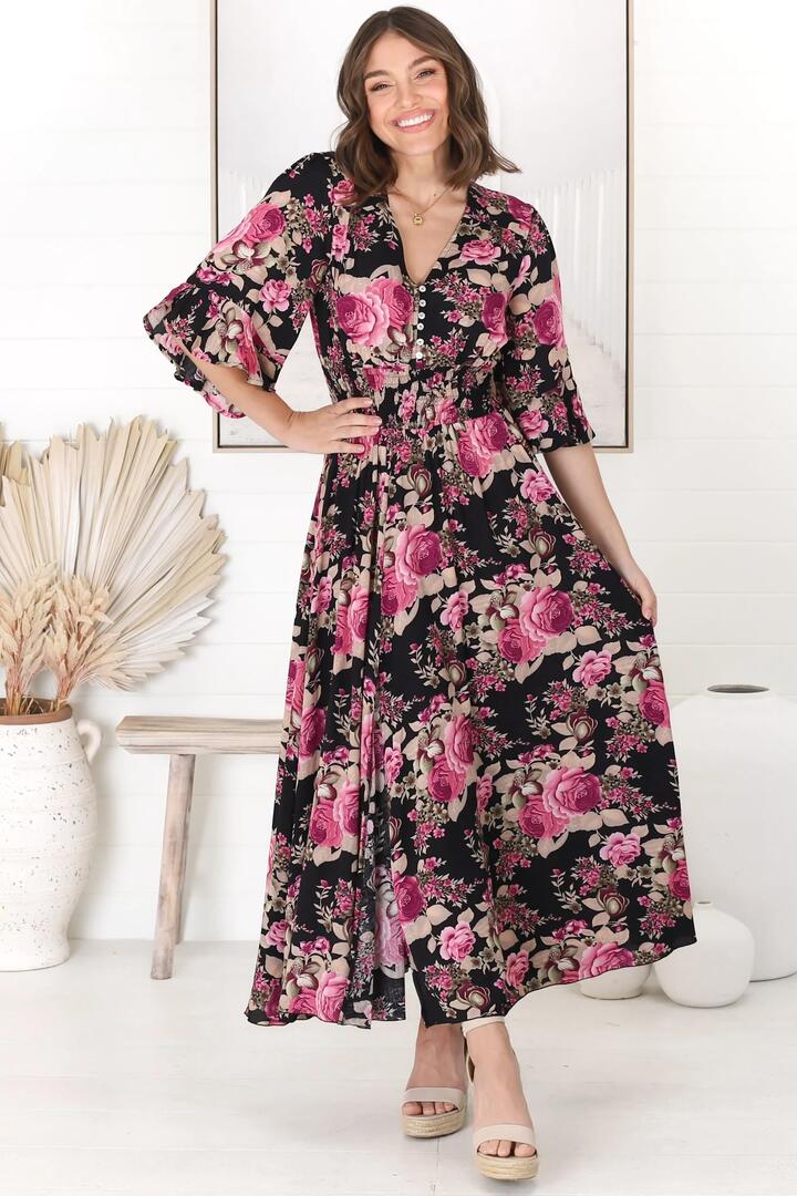 Alba Maxi Dress - Buttoned Bodie A Line Dress With Flute Sleeves In Katie Print Black