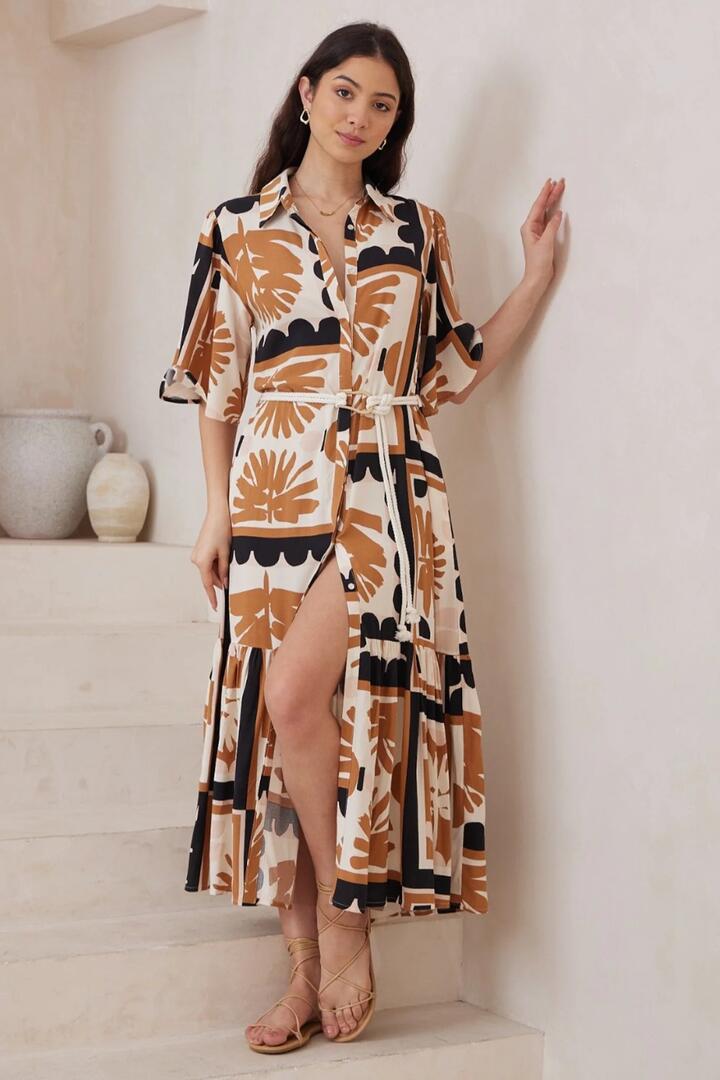 Addax Midi Dress - Collared Button Down Dress with Bell Sleeves and Ruffle Hem in Zuni Print