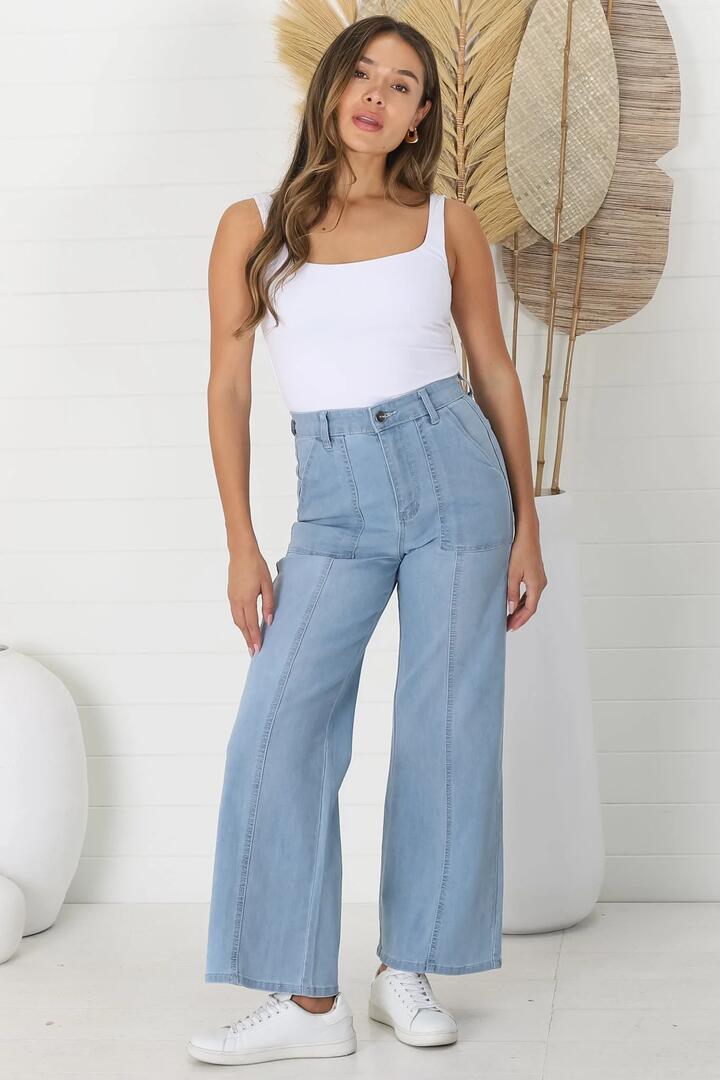 Liz High Waisted Flare Leg Jeans with Pin Stripe in Light Denim