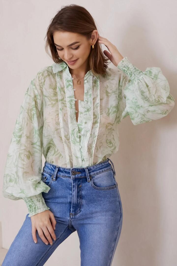 Aralyn Blouse - Balloon Sleeve Button Down Shirt in Green Illusions Print