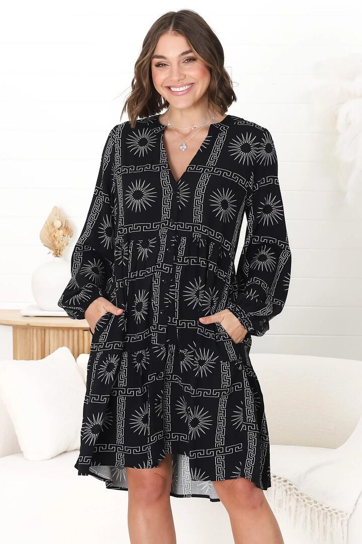 Sarah Mini Dress - Bermuda Collar Tiered Button Down Dress in Astra Print Black