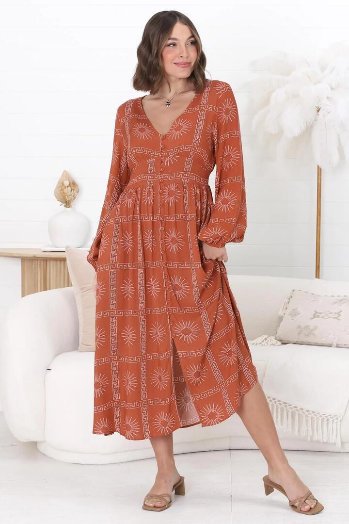 Bello Midi Dress - Button Through Dress with Balloon Sleeves in Astra Print Rust