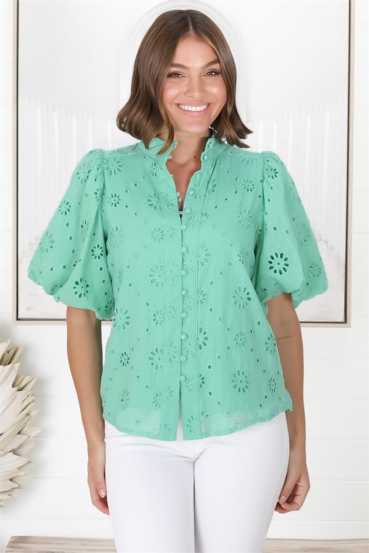 Fellina Blouse - Broiderie Anglaise Button Down Top with Short Billow Sleeves in Mint