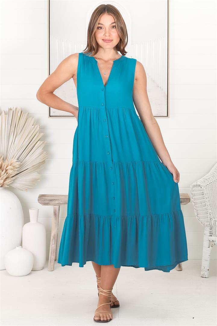 Fifi Linen Midi Dress - Mandarin Collar Sleeveless Button Down Dress in Blue