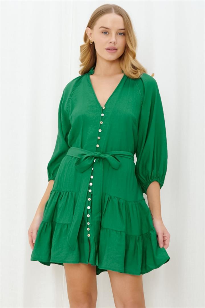 Klair Mini Dress - Mandarin Collar Button Down Dress with Matching Waist Tie in Green