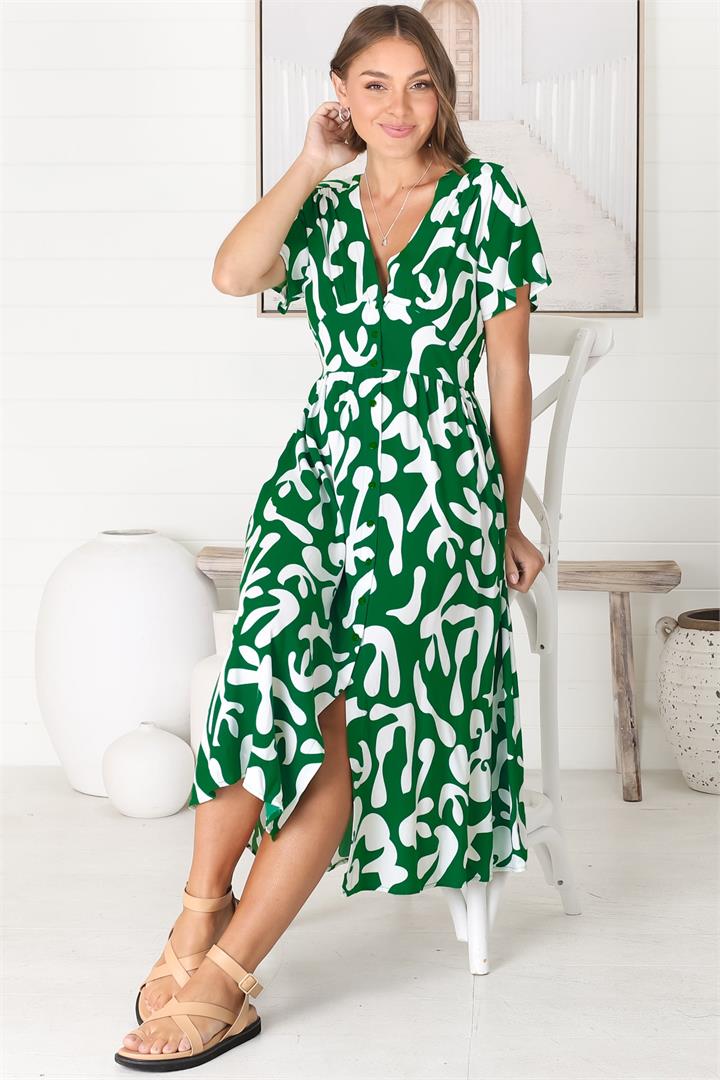 Anais Midi Dress - Cap Flutter Sleeve Button Down A Line Dress in Jaxie Print Green