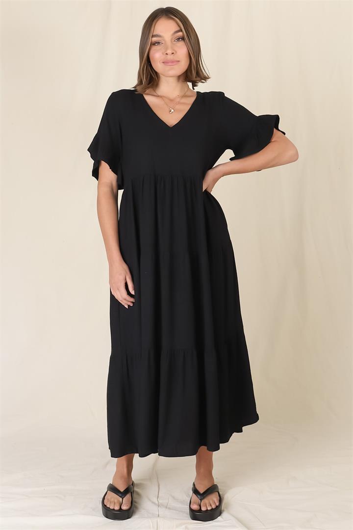 Audrina Midi Dress - Pull Over V Neck Tiered Dress with Pockets in Black