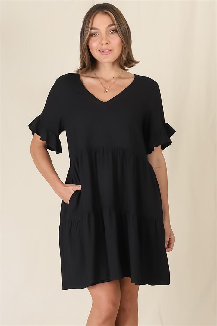 Audrina Mini Dress - Pull Over V Neck Tiered Dress with Pockets in Black