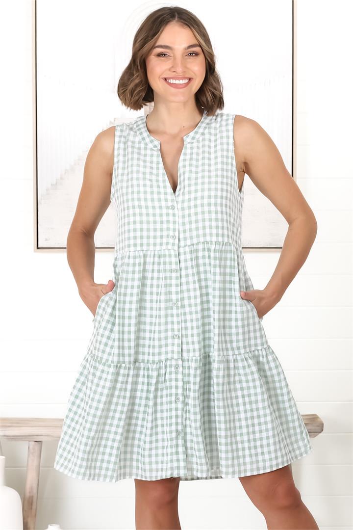 Acelle Mini Dress - Sleeveless Bermuda Collar Button Down Gingham Dress in Green