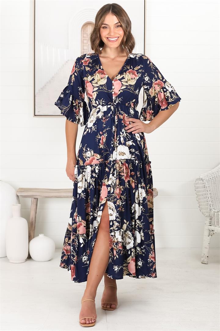 Sky Maxi Dress - A Line Dress with Front Split and Flute Sleeves in Flora Print