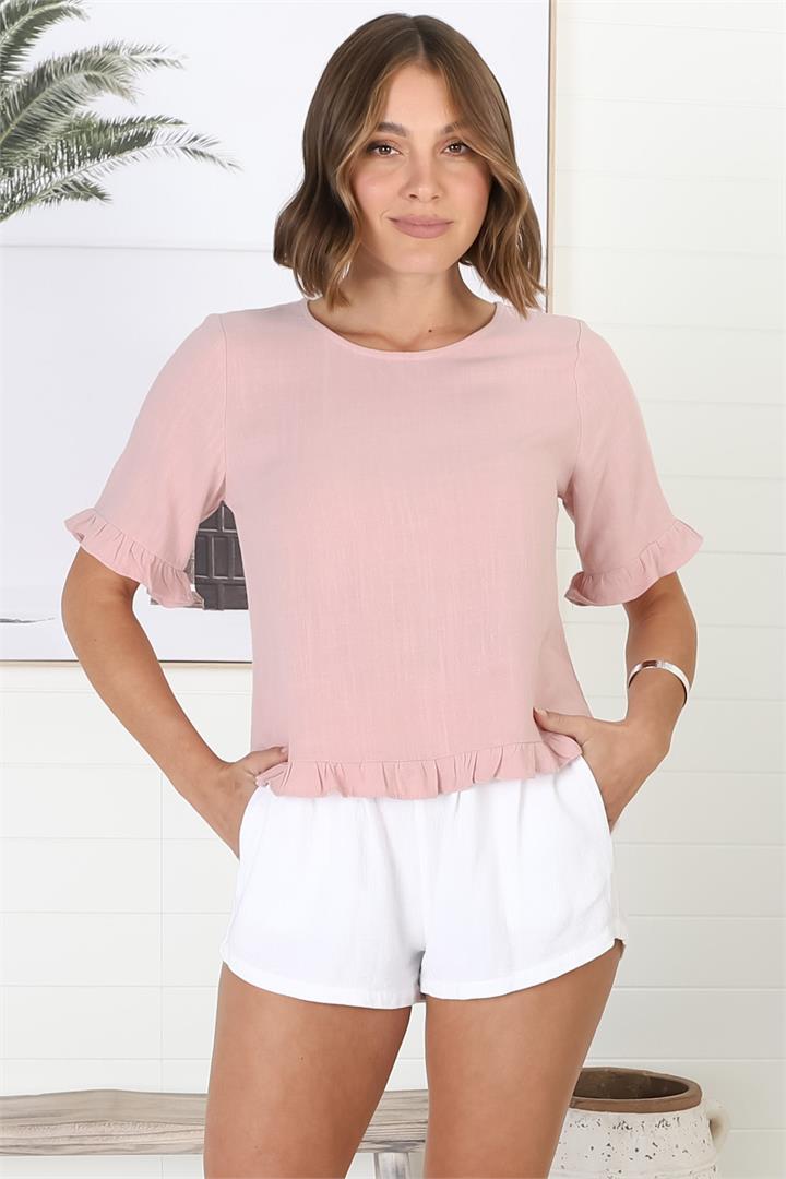 Adria Top - Frill High-Low Hem with Wooden Button Down Back Top in Pink